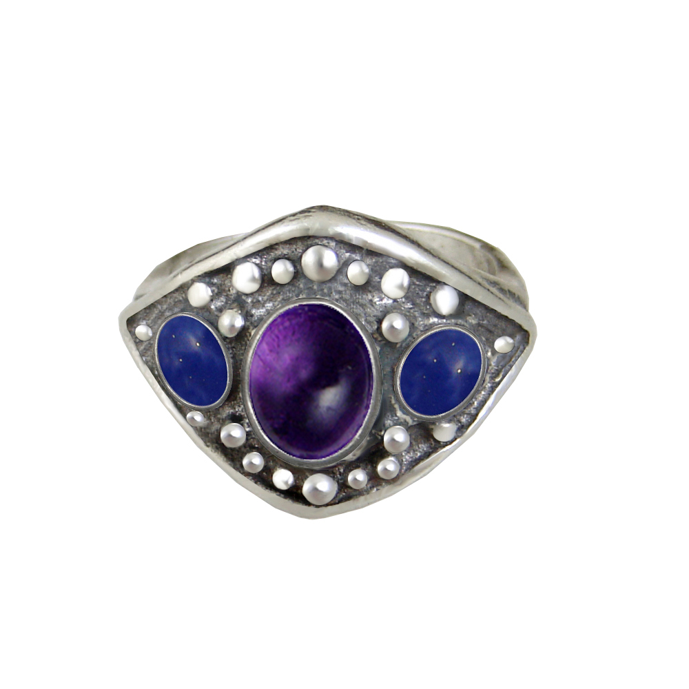 Sterling Silver Medieval Lady's Ring with Amethyst And Lapis Lazuli Size 8